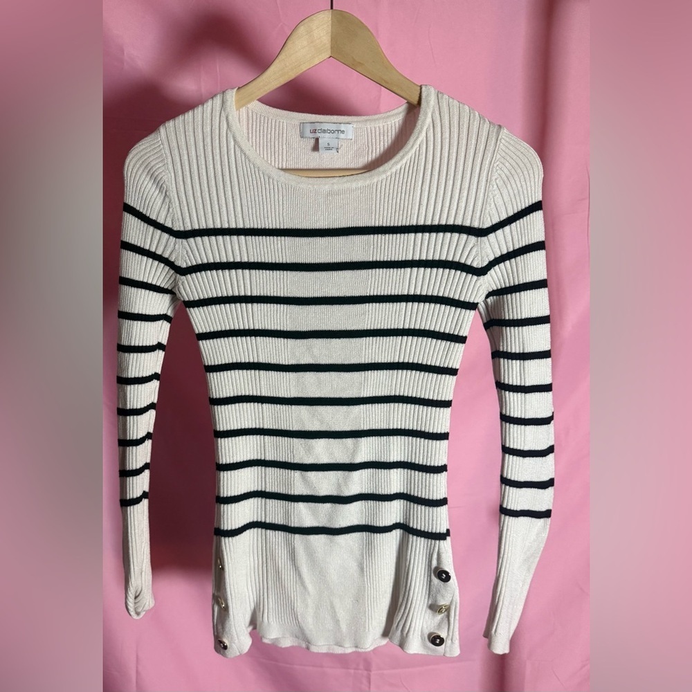Liz Claiborne Black and Cream Ribbed Stripe Sweater Size S - Picture 2 of 4
